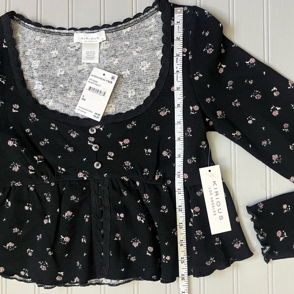 Kirious Los Angeles Long Sleeve Babydoll Floral Crop Top Waffle‎ Knit NWT Small - Picture 9 of 10